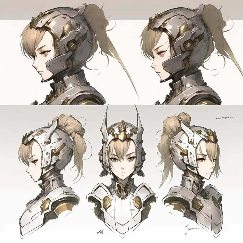 female knight, close up character design, multiple concept designs, concept design sheet, white background, style of Yoji Shinkawa